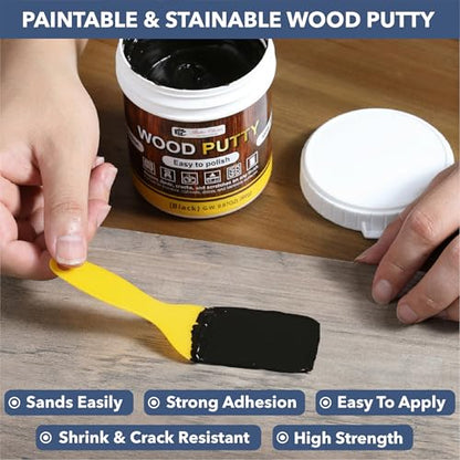 Bates- Wood Filler Putty Repair Kit, 9.87 Ounce, 2 Scrapers, 2 Sandpapers, Black Wood Putty Filler Paintable & Stainable for Cracks, Holes and Defects in Wooden Furniture - color: Black