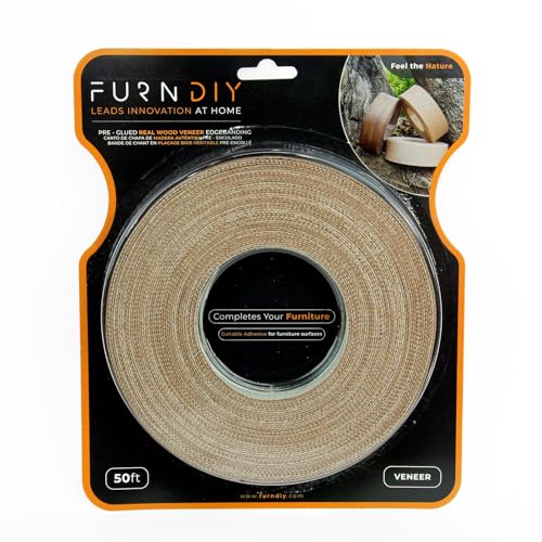 Furndiy Birch 7/8" x 50' Roll Pre-Glued Wood Veneer Edge Banding, Iron on Edge Band, Hot Melt Adhesive, Real Wood Edge Tape, Veneer Edging for Easy Furniture Restoration, Smooth Surface, Based in USA
