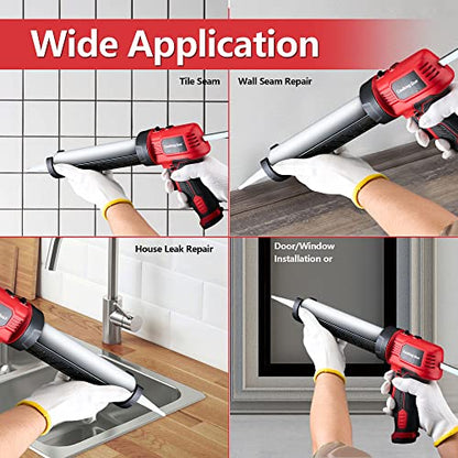 Caulk Gun, Non-Drip Electric Caulking Gun with 300 KG Thrust, Cordless Silicone Tool Gun with Constant Flow Tech, Lightweight 10oz Caulk Guns with LED Light