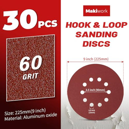 30PCS 9-Inch 10-Hole 60 Grit Hook & Loop Sanding Discs – Heavy-Duty Aluminum Oxide Sandpaper for Drywall Sander, Paint Removal, Wood & Metal Surface Prep - style: 10 Hole