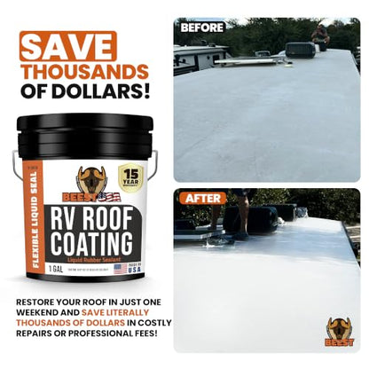 BEEST RV Roof Repair Kit Includes: Roof Coating 5G, EPDM Primer 1G, RV Cleaner 32 Oz, Non-Sag Lap sealant, Self-Leveling Lap Sealant, Seam Roller, Seam Tape & Gloves| Repair & Maintenance Bundle - style: 5G-RV-Roof Kit