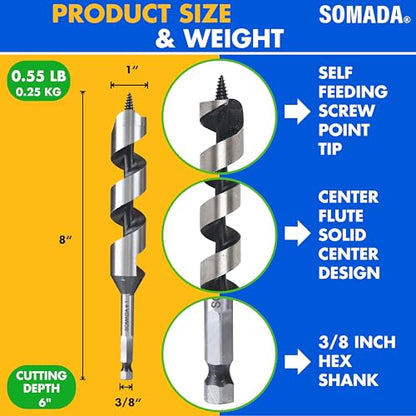 SOMADA 1" x 8" Auger Drill Bit for Wood, Ship Auger Hex Shank - size: 1"x8" Silver