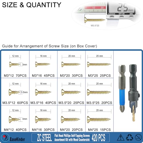 420PCS Wood Screws Assortment Kit, Self Tapping Screw Set (9 Sizes) - size: ZC1022 Mix