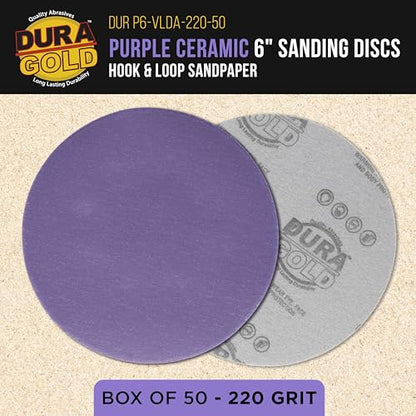 Dura-Gold Premium 220 Grit 6" Purple Film Ceramic Sanding Discs, Box of 50 - style: 220 Grit