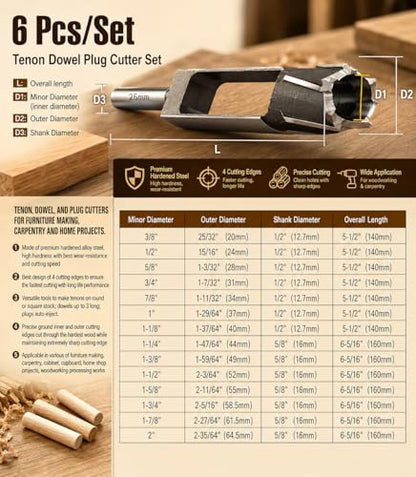 Wood Tenon Dowel Plug Cutter 6Pcs Set Tenon Cutter Plug Maker Woodworking Drill Bit - size: 6pcs set