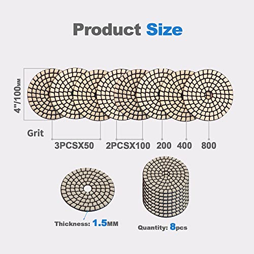 Dry Diamond Polishing Pads - 8pcs 4 inch (#50x3,#100x2,#200x1,#400x1,#800x1) Sanding Pads Kit for Granite Marble Ceramic Used on Angle Grinder or Polisher - size: 4inch / 100MM, style: MIX1