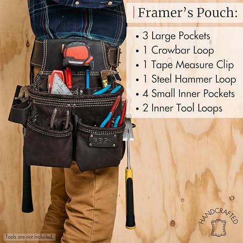 FESA 3 Inch Leather Tool Belt for Men with Hammer Holder Adjustable 34"-44" - color: Brown
