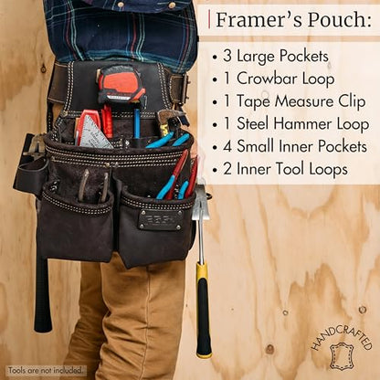 FESA 3 Inch Leather Tool Belt for Men with Hammer Holder Adjustable 34"-44" - color: Brown