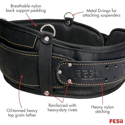 FESA Padded Leather Tool Belt with Back Support Have D-rings for Suspenders - color: Black