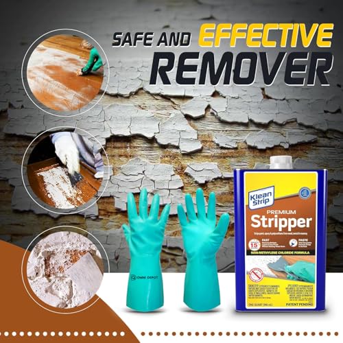 Paint & Varnish Remover Klean Strip Premium Stripper– Fast-Acting Stripper for Epoxy, Polyurethane, Wood, Metal & Masonry – Includes Protective Omni Depot Gloves – 1 QT