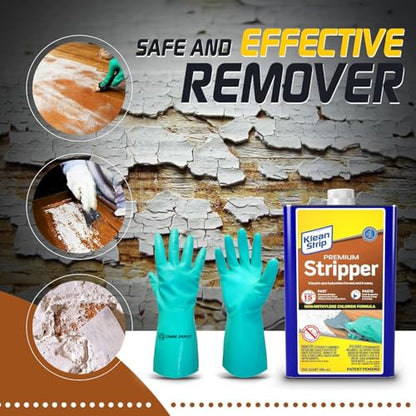 Paint & Varnish Remover Klean Strip Premium Stripper– Fast-Acting Stripper for Epoxy, Polyurethane, Wood, Metal & Masonry – Includes Protective Omni Depot Gloves – 1 QT