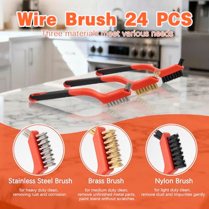 24 Pack Wire Brush Set, 7 in Small Brass Stainless Steel Nylon Brushes