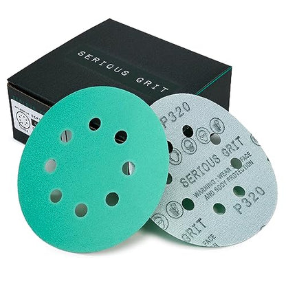 Serious Grit - 5-Inch 8-Hole P320 Grit Sanding Discs - 50 Pack Box - size: 320 Grit