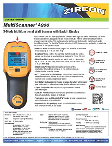 Zircon® MultiScanner™ A200 Stud Finder with Metal & Live Wire Detection - size: Center Finding, style: A200