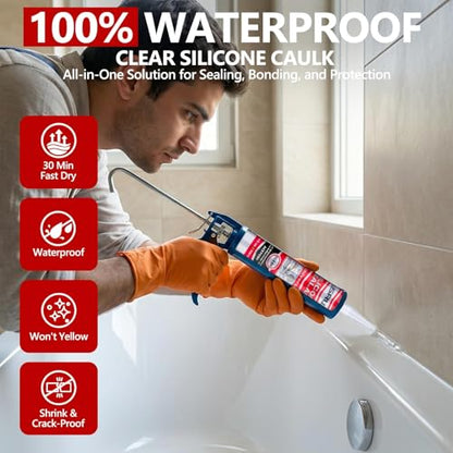 LISRUX Advanced Clear Silicone Caulk for Kitchen & Bathroom,10 fl oz Cartridge,1 Pack,100% Waterproof RTV Silicone Sealant,Stronger Adhesion,Shrink & Crack Proof - color: Clear, size: 1P