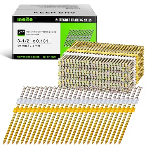 meite 21 Degree Framing Nails 3-1/2 Inch Galvanized Plastic Collated Nails for Pneumatic Cordless Framing Nailer, Full Round Head Smooth Shank Framing Nails for Subfloors Decking Sheathing 1,000PCS - size: 3-1/2-Inch x 0.131-Inch, style: Smooth Shank