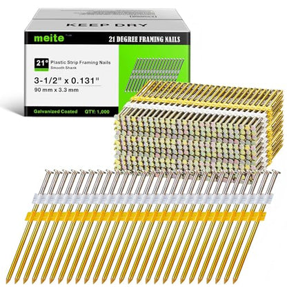 meite 21 Degree Framing Nails 3-1/2 Inch Galvanized Plastic Collated Nails for Pneumatic Cordless Framing Nailer, Full Round Head Smooth Shank Framing Nails for Subfloors Decking Sheathing 1,000PCS - size: 3-1/2-Inch x 0.131-Inch, style: Smooth Shank