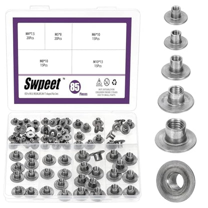 Swpeet 85Pcs 5 Sizes M4×7.5 M5×7 M6×10 M8×10 M10×13 Carbon Steel Tee Nut, Through Hole Flange Insert Female Thread Nuts, Round Base Weld Tee Nuts, Brad Hole Tee Nut for Wood Furniture - size: Assortment Kit