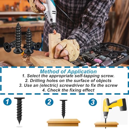 #4 Small Wood Screws Assortment Kit 420PCS, Black Short Phillips Flat Head Self Tapping Cabinet Hinge Screws, Hardened Carbon Steel Tiny Micro Mini Screws with 20Pcs M6 Wall Anchors - size: 420pcs-9 SIZES