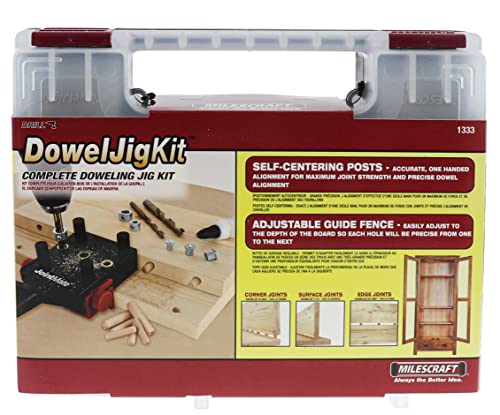 Milescraft 1333 DowelJig Kit - Self-Centering Handheld Dowel Jig with 3 Metal Bushing Sizes (1/4in, 5/16in, 3/8in) - Complete with all Accessories