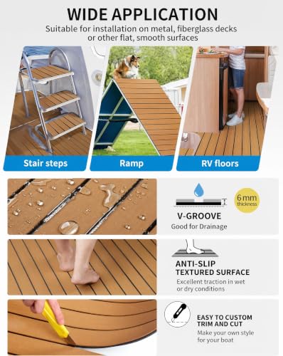 EVA Faux Teak Boat Flooring, Self-Adhesive Waterproof Non-Slip UV Resistant Marine Foam Deck Mat for Yacht Kayak Jon Boat RV Swim Platform （94.5"x45.3"x0.24"Dark Brown） - color: Dark Brown
