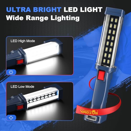 WARSUN LED Work Light Rechargeable, Portable Mechanic Trouble Light with1200 Lumens, COB worklight Magnetic Base, Cordless Floodlight for Car Repair, Camping, Hiking, 30w - style: LED