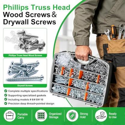 Twidec/1310PCS Silver Wood Screws #8#10 Phillips Truss Head＆Drywall Screws - color: Silver
