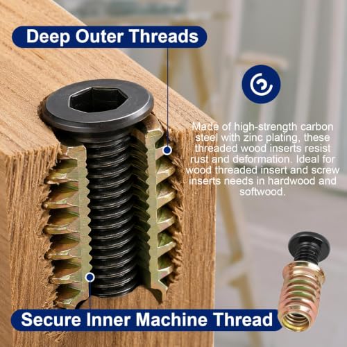 20Pcs 1/4-20 Threaded Inserts for Wood with Furniture Screws