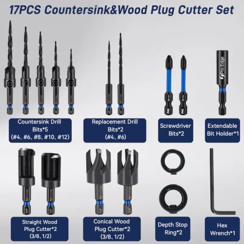 17Pcs Countersink Drill Bit Set 1/4" Hex Shank Wood Plug Cutters - size: 4#-12#