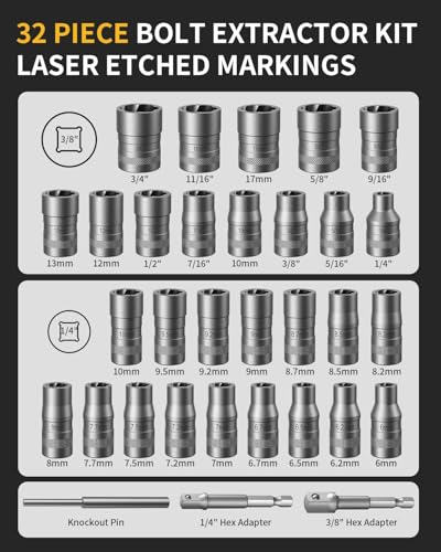 32-Piece Bolt Extractor Kit, 1/4" & 3/8" Drive Stripped Nut Remover - size: 32Pcs