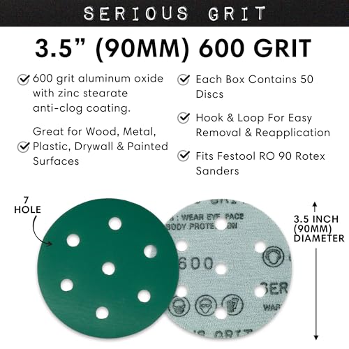 Serious Grit - 3.5" (90mm) 7-Hole P600 Grit Sanding Discs - 50 Pack Box - size: 600 Grit