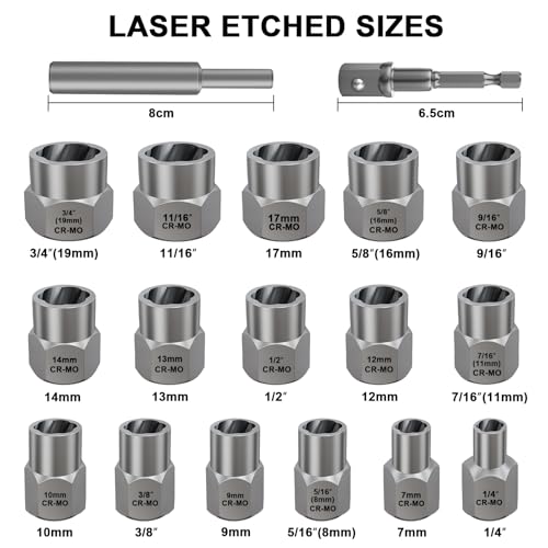 Topec Stripped Bolt Extractor Kit, 18-Piece Bolt Extractor Socket Set, 3/8" Drive Rounded Nut Remover Set for Broken, Rusted Fasteners - size: 18-piece