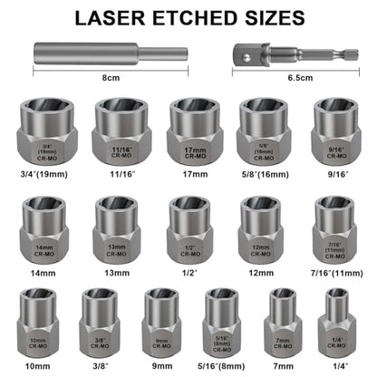 Topec Stripped Bolt Extractor Kit, 18-Piece Bolt Extractor Socket Set, 3/8" Drive Rounded Nut Remover Set for Broken, Rusted Fasteners - size: 18-piece