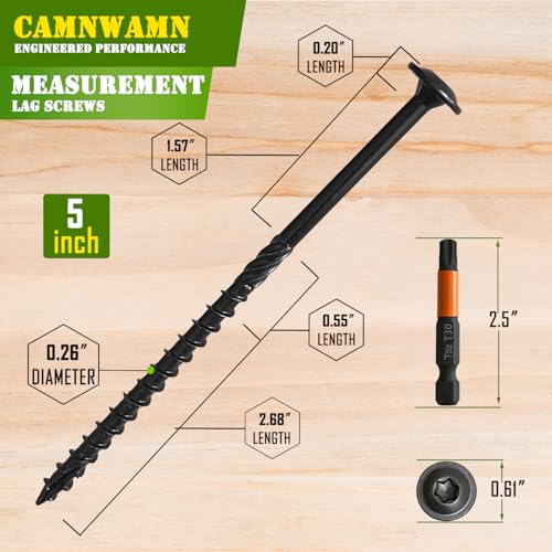 [Pack of 50] #14 x 5 Wood Structural Lag Screws, Black Coated Torx/Star Drive Heavy Duty Construction Wood Screw, Modified Truss Washer Head, Star Drive Bit Included. - color: Black, size: #14 x 5"