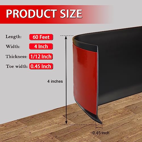 FONUNO Vinyl Wall Base Rubber Baseboard Molding Trim Self Adhesive 4" Wide - color: Black, size: 4in x 60ft