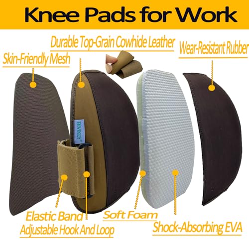 Work Knee Pads Made of Genuine leather and Durable Rubber Thick EVA Foam Cushion| Suitable for Mechanical Repairs and Yard Work |With Adjustable Straps Brown - color: Brown US