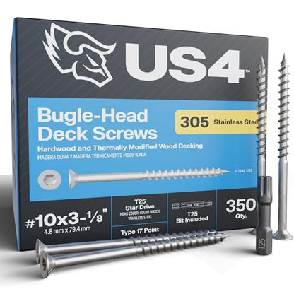 US4 - #10 x 3-1/8" Flat Head Screws Stainless Steel | Stainless Steel Wood Screws | T25 Star Drive | Self-Drilling Screws for Framing, Subflooring & Decking | 305 SS (350, #10 x 3.125 Inches) - size: #10 x 3-1/8"