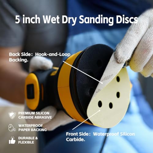 5 Inch 120Pcs Sanding Discs Hook & Loop 8 Holes Wet Dry Sandpaper 180 240 320 400 600 800 1000 1500 2000 3000 Assortment Grits Silicon Carbide Orbital Sander with Interface Pad for Wood Auto Metal