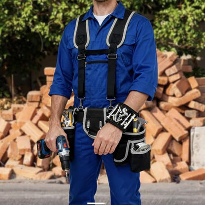 Tool belts for men - multi-functional detachable adjustable tool belt with shoulder strap magnetic wristband set, suitable for electricians and carpenters。 (black and gray) - color: Black and Gray