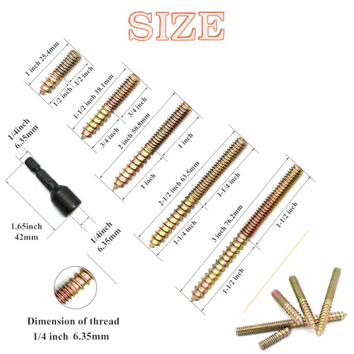 41 Pack 1/4-20" Hanger Bolts 5Sizes 1-3 Inch Include1 pcs Hanger Bolt Driver Double Headed Bolts Wood Dowel Screw Self-Tapping Screw for Furniture Screws Wood Screws Double Threaded Rods - size: 5 Size 1/4-20"-40P+Tool