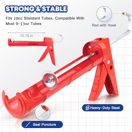 DIYSELF Caulk Gun, Heavy Duty Caulking Tool, 10:1 Thrust for 10 oz Tubes - color: Red