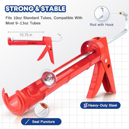 DIYSELF Caulk Gun, Heavy Duty Caulking Tool, 10:1 Thrust for 10 oz Tubes - color: Red