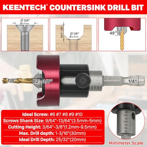 KEENTECH 3/8" x 1/8" Carbide Tipped Countersink Drill Bit with Depth Stop - size: 3/8" * 1/8"