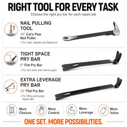 Lytool 3 Pcs Nail Puller & Cats Paw Pry Bar Set for Woodworking (9,10,15")