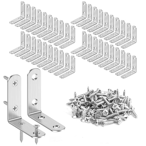 40 Pcs 2 Inch L Bracket Stainless Steel Corner Braces, 90 Degree Right Small Angle Shelf Bracket with Screws for Wood Furniture, Chairs, 50mm x 50mm, Silver