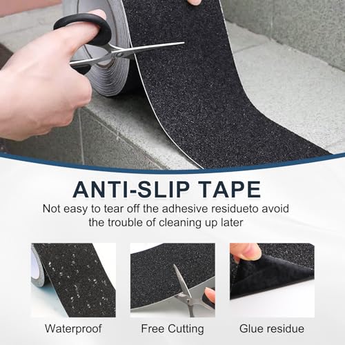FOURGUN Heavy Duty Anti Slip Tape for Stairs Indoor/Outdoor Waterproof 4" x 16.5Ft High Traction Grit Non Skid, Strong Adhesive, Safety Friction Abrasive Tape for Steps, Ramps, Walkways, Black 80 Grit