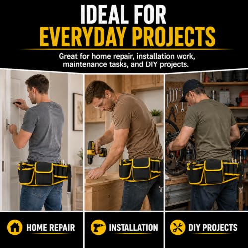 Tool Belt for Men with Compact Drill Holster, Large Tool Pouch, 600D Oxford