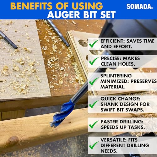 SOMADA Auger Drill Bit Set for Wood, 4-Piece, Hex Shank Quick Change - size: 4 PCS SET