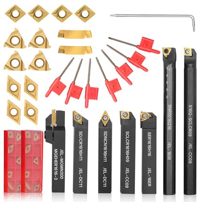 Indexable Lathe Turning Tool 21Pcs Kit 5/8'' 16mm Shank 7 Pcs Metal Lathe Tool Holder Set with 14 Pcs Turning Inserts for Turning Grooving Threading Boring Carbide Inserts Carbide Turning Tool - style: 7pcs 5/8'' 16mm Shanks+14pcs Inserts