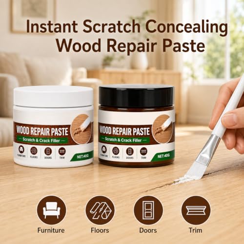 2Pcs Wood Repair Paste for Furniture and Floor, Wood Furniture Repair Kit, Can Quickly Repair Minor Scratches and Abrasions, for Tables, Chairs, Doors, Cabinets, Wood Surfaces(White + Brown)